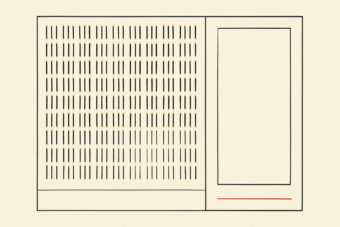 Flat schematic drawing on ledger paper: a large panel filled
                  edge to edge with rows of short vertical tally marks in black
                  ink, and beside it a second panel holding one tall empty
                  rectangle ruled in hairline black, its interior blank, closed
                  underneath by a single oxide-red rule.