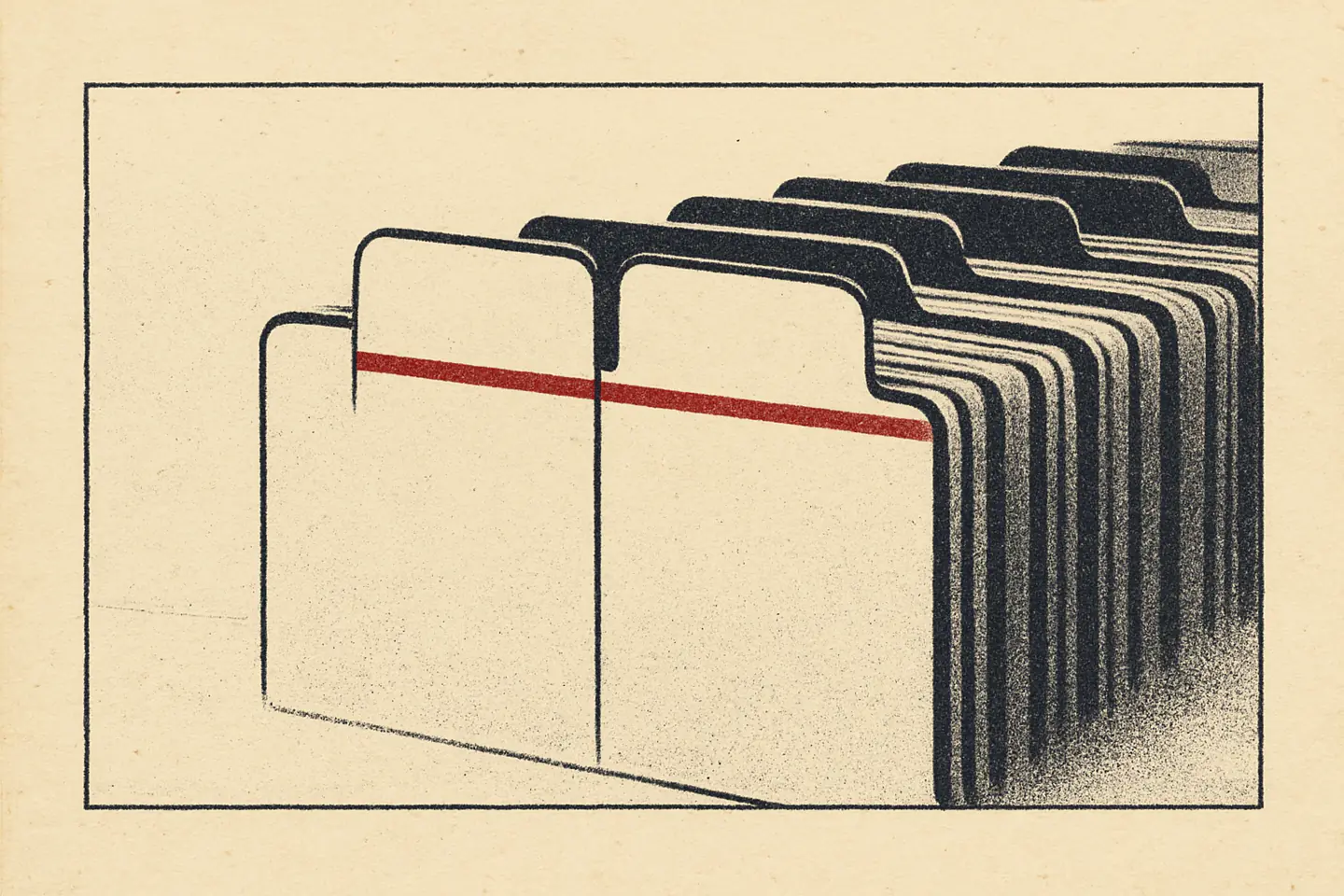 Duotone letterpress plate: a drawer of blank file-folder tabs
                  receding to the right. Two adjacent tabs, identical in shape and
                  size, stand pulled forward out of the row, and one oxide-red rule
                  crosses both at the same height. Nothing is written on any tab.