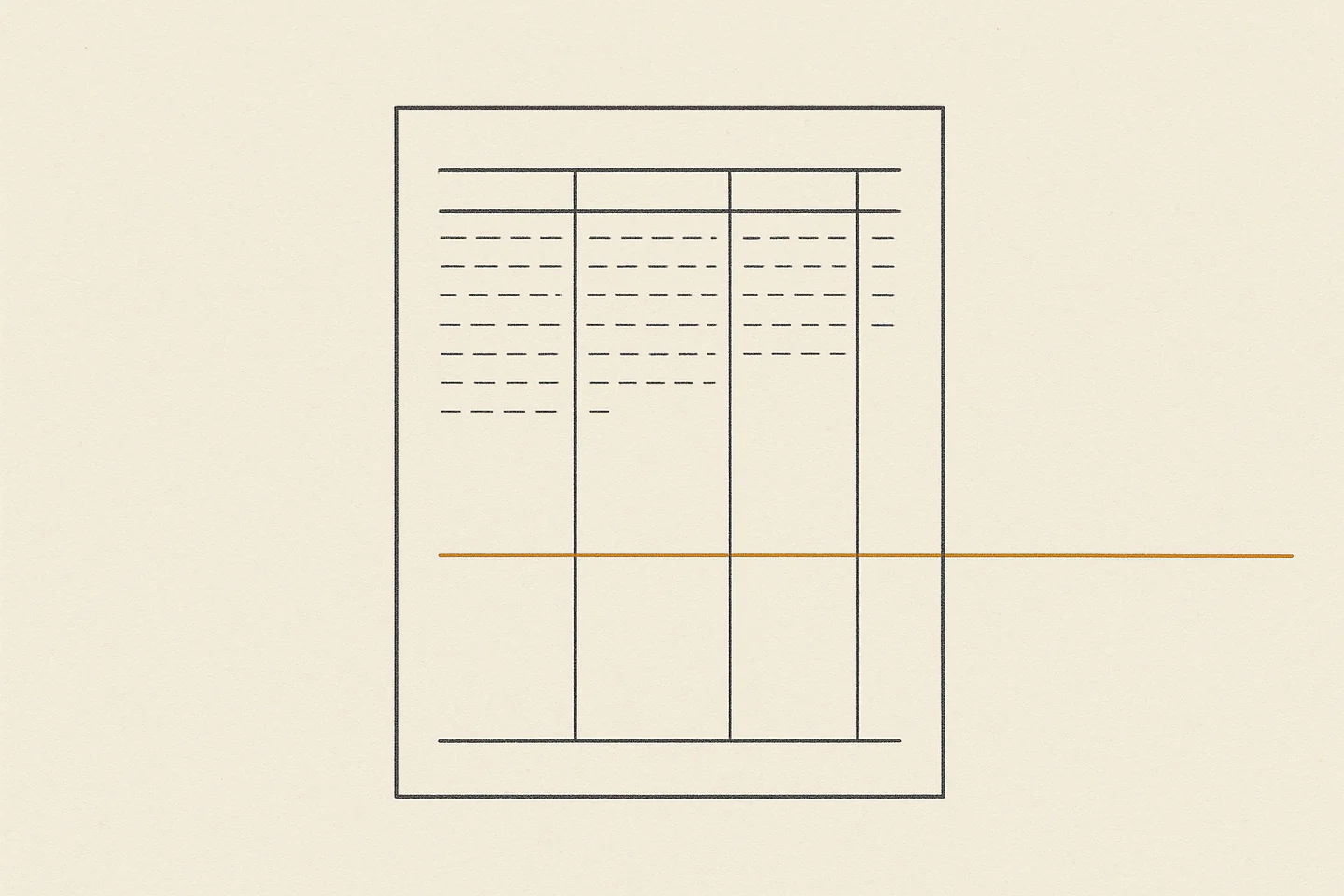 Drawn plate on warm off-white paper: a ruled ledger sheet seen
                flat and straight on, its columns filled across the upper half
                with rows of short abstract ink dashes that carry no letters and
                no numerals. Partway down the entries stop, and the rest of the
                sheet is empty. One ochre hairline crosses the sheet at the
                height where they stop and runs on past its right edge, across
                blank ground, off the right side of the picture.
