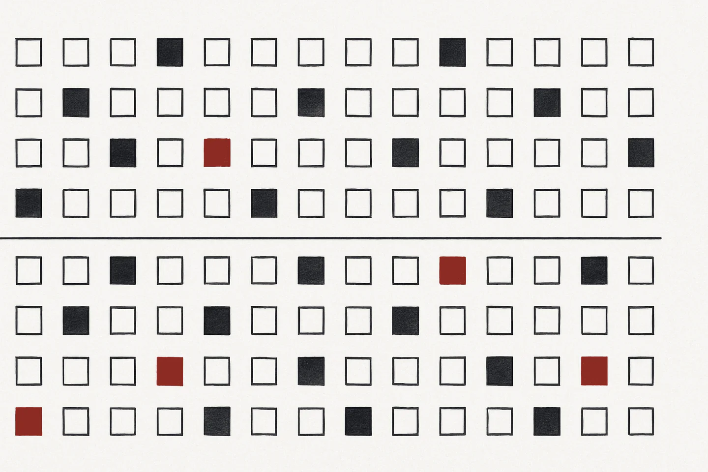 Drawn illustration on pale paper: a field of small squares in even rows, most of them open outlines and some filled solid with ink, with five filled in dark oxide red. One heavy horizontal rule runs the full width across the middle of the field. The same mixture of open, ink and red squares appears above the rule and below it.